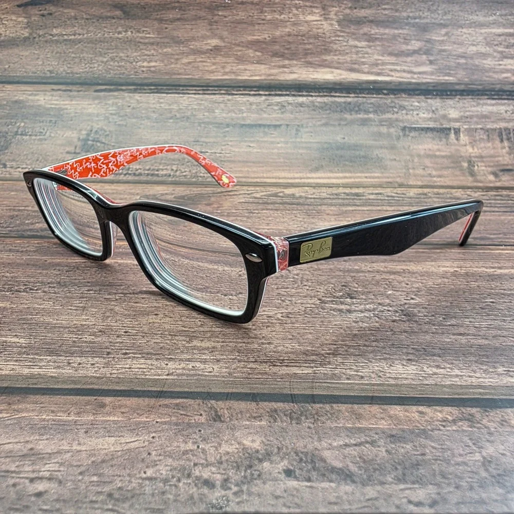 Ray-Ban RB 5206 2479 Black Orange Logo Rectangular Eyeglasses 52-18-140